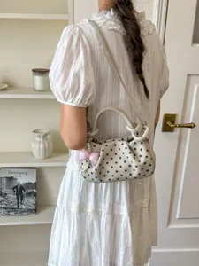 Sweet polka dot women's shoulder handbag with bow and pearl charm for summer casual styling