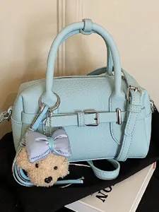 Women Fashion PU Leather Boston Bag Minimalist Casual Shoulder Crossbody Bag With Cute Bear Pendant Small Satchel Handbag