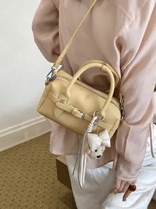 Women Butter Yellow Boston Shoulder Crossbody Bag with Cute Bear Pendant for Summer Daily