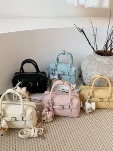 Women small Boston shoulder crossbody bag stylish PU leather handbag with cute bear charm