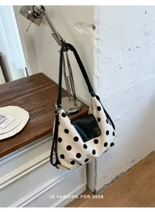 Elegante borsa a tracolla e zaino in tela a pois con patta in pelle per donne stile.