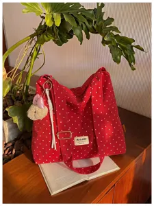 Sac cabas en toile à pois rouges pour femmes, grand sac bandoulière décontracté et chic.