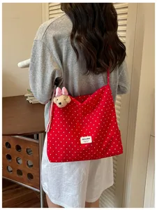Sac cabas en toile à pois rouges avec pendentif ours mignon, sac bandoulière décontracté.