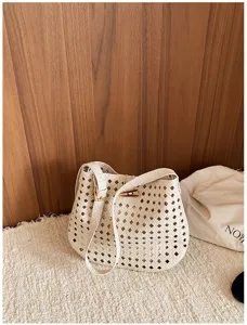 Stijlvolle gewoven holle emmertas voor vrouwen, retro casual schoudertas crossbody mode tas.
