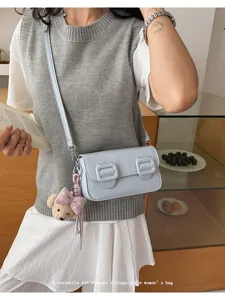 Trendy light blue women crossbody bag with cute bear pendant vintage shoulder bag for daily