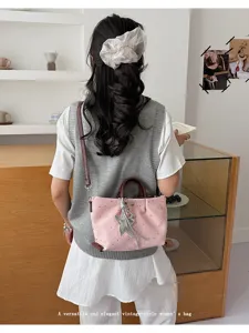 Pink star pattern tote bag casual stylish women shoulder crossbody bag with brown handle