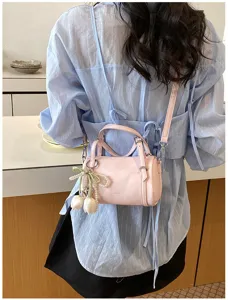 Stylish pink leather pillow shoulder bag with pearl and tulip charm for women spring