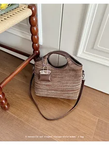 Summer woven bucket bag vintage shoulder crossbody handbag stylish casual women bag