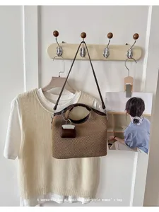 Summer woven bucket handbag for women, vintage shoulder crossbody bag, casual commuter purse.