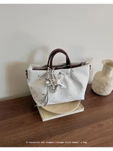 Women tote bag white vintage star print shoulder crossbody bag with cute charms.