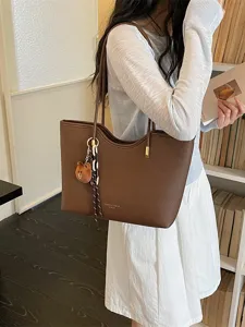 Women large capacity shoulder tote bag summer casual PU leather handbag with cute bear charm