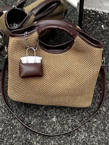 Women Fashion Woven Bucket Bag PU Leather Patchwork Casual Commuting Handbag Shoulder Crossbody Bag With Pendant