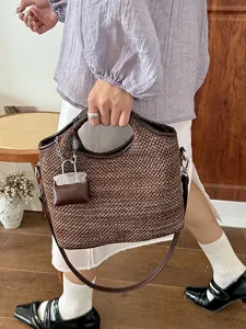 Summer woven bucket handbag for women casual chic shoulder tote bag with cute charm