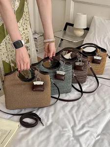 Summer woven bucket bag women shoulder crossbody handbag with mini pouch pendant stylish