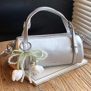 Women PU Leather Shoulder Bag Trendy Solid Color Crossbody Bag Small Pillow Bag With Pearl Pendant Daily Collocation
