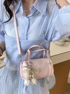 Chic pink small pillow bag women crossbody shoulder bag with cute pearl bow charm main view
