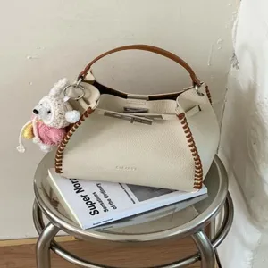 Contrast lychee grain woven handbag for women, stylish top handle commuter messenger bag.
