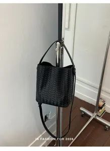 Black woven leather bucket bag stylish shoulder bag versatile crossbody handbag for women