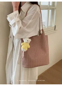 Korean style woven shoulder tote bag with chic daily commute fashion.
