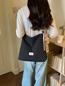 Sac cabas fourre-tout en toile à pois grande capacité pour femme, sac à bandoulière décontracté.
