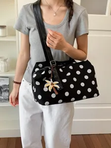 Black and white polka dot canvas shoulder bag with leather strap for women summer casual.