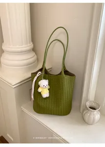 Green woven leather bucket bag with cute bear charm minimalist Korean style shoulder tote bag