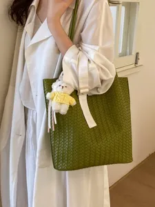 Korean style woven tote shoulder bag for women, large capacity stylish daily commuting bag.