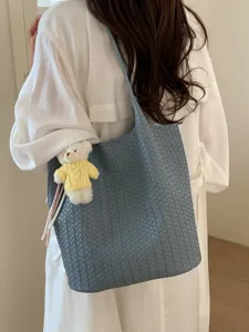 Blue woven leather tote bag for women, large capacity shoulder bag for daily commuting style.