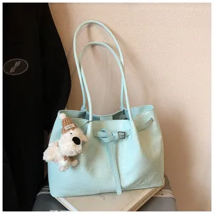 Light blue woven tote bag for women, large capacity shoulder bag with cute dog pendant.