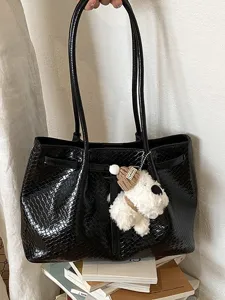 Black woven leather tote bag with cute dog plush charm large capacity shoulder handbag