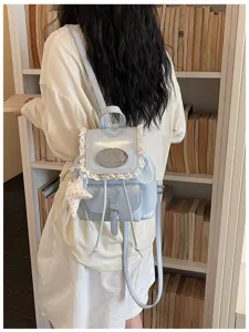Sweet style light blue backpack with lace trim and star pendant for travel college daily use.