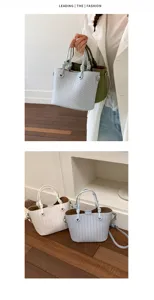 Detailed view of fashionable woven bucket handbag with top handle and crossbody strap.