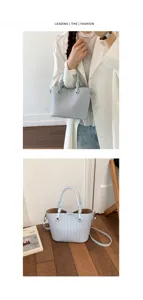 Retro woven tote bag for women, stylish casual shoulder bag with top handle design, chic light blue.