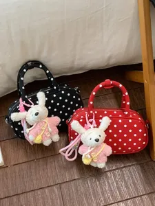 Women Fashion Polka Dot Bowling Bag PU Leather Top Handle Crossbody Shoulder Bag With Cute Plush Rabbit Pendant