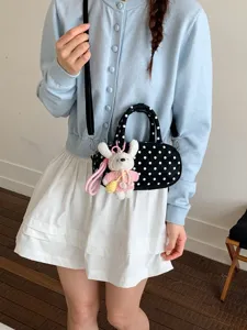 Korean style polka dot bowling shoulder bag with cute bunny pendant for women daily chic fashion