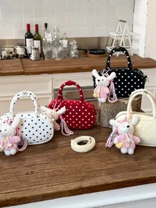 Korean style polka dot bowling shoulder bag cute rabbit pendant casual chic handbag for women
