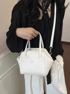 White leather handbag for women, top handle shoulder bag, casual crossbody bag daily use.