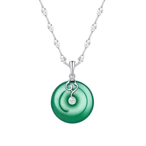 S925 silver green jade chalcedony safety buckle necklace retro lucky cloud pendant jewelry