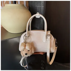 White leather handbag casual shoulder bag tote with cute bear pendant for women fashion