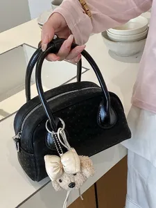Women Fashion PU Leather Handbag Casual Retro Solid Color Shoulder Bag Elegant Top Handle Bag With Cute Pendant