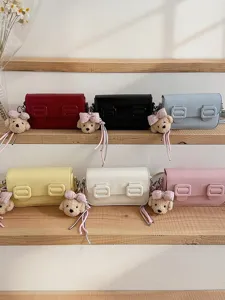 Women trendy casual small square bag shoulder crossbody bag with cute bear pendant and bow multi-color