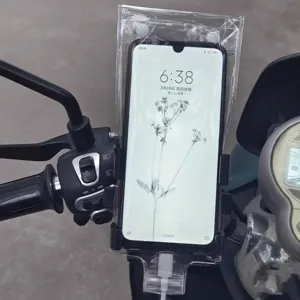 Waterproof motorcycle phone mount bag with clear touch screen and fast charging cable port.