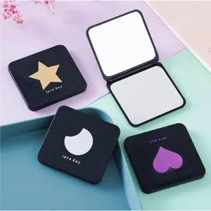 Portable Compact Pocket Makeup Mirror Foldable Double Sided Cosmetic Mirror Plastic Black Case Cute Design Women Daily