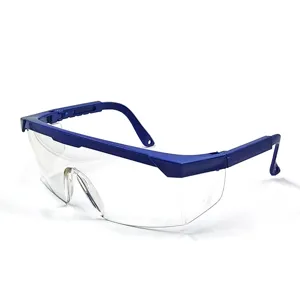 Veiligheidsbril met blauw montuur en heldere lenzen, hoofdaanzicht van het product.