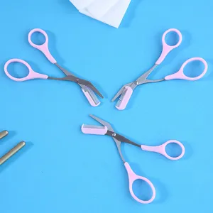 Eyebrow Scissors With Comb Stainless Steel Blade Pink Plastic Handle Makeup Tool