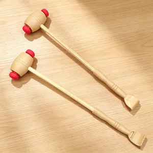 Wooden double-headed massage hammer detail, featuring back scratcher and meridian pat functions.