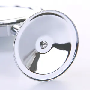 Tabletop makeup mirror chrome base close up view, durable metal vanity mirror stand.