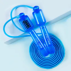 Detail view of the blue translucent jump rope handle featuring mechanical counter.