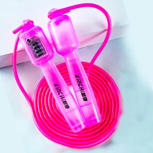 Transparent counter skipping rope for student fitness training, adjustable neon pink design.