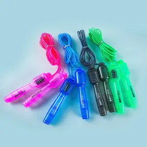 Detailed view of colorful transparent counter jump ropes, student fitness training gear.